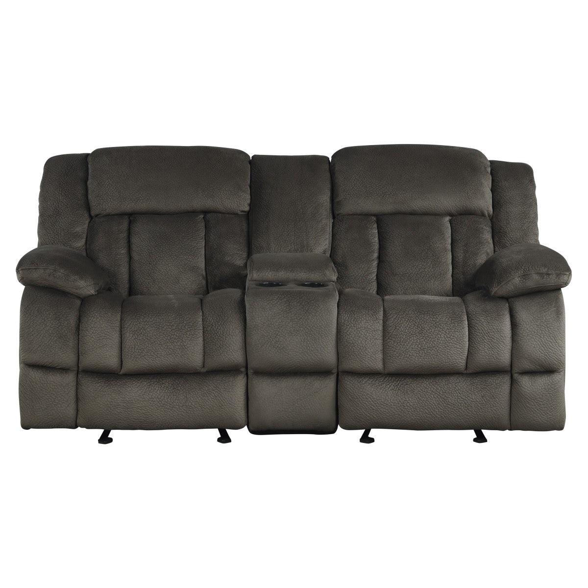 Laurelton Chocolate Textured Plush Microfiber Upholstery Double Glider Reclining Love Seat - Ella Furniture