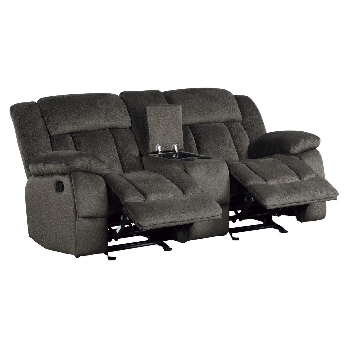 Laurelton Chocolate Textured Plush Microfiber Upholstery Double Glider Reclining Love Seat - Ella Furniture
