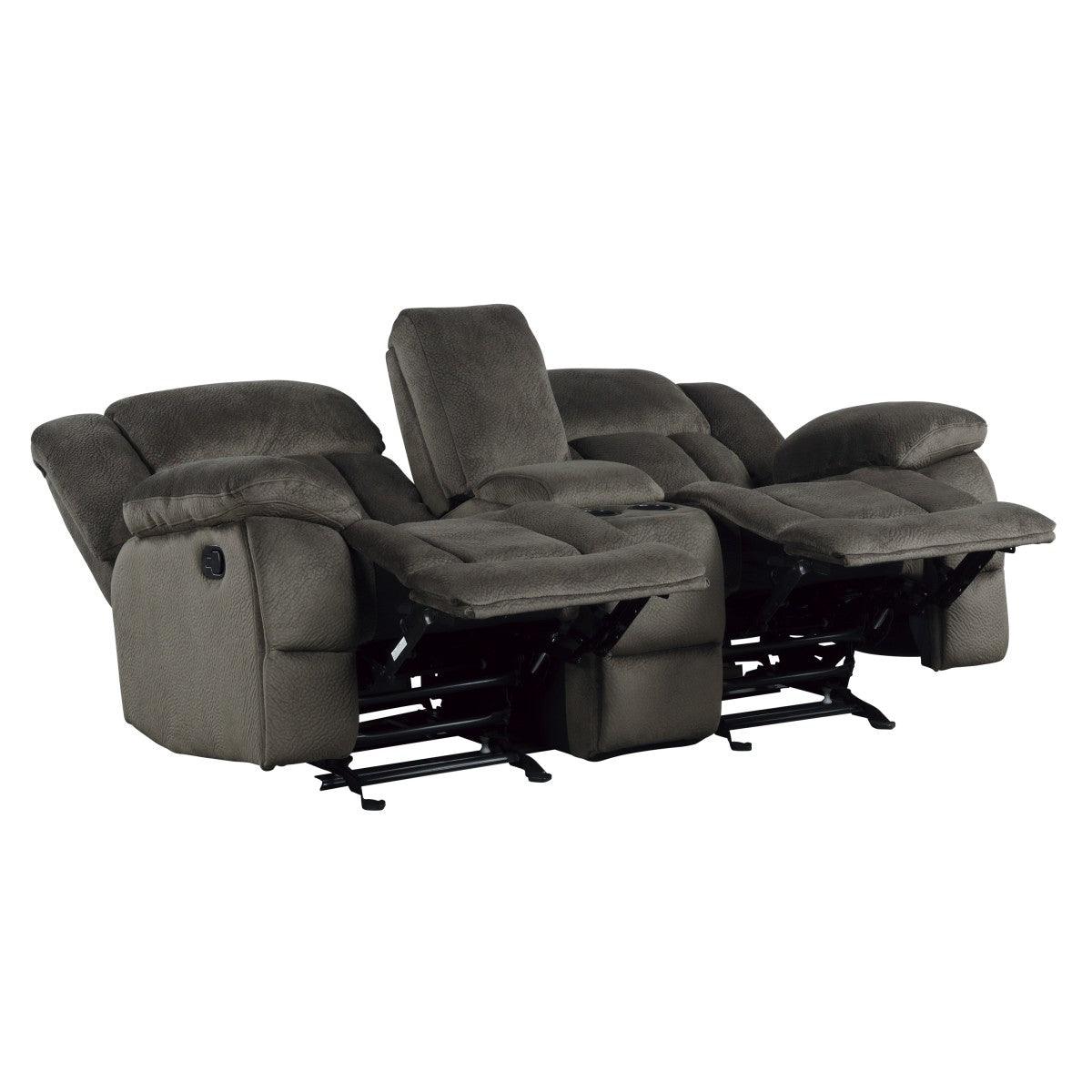 Laurelton Chocolate Textured Plush Microfiber Upholstery Double Glider Reclining Love Seat - Ella Furniture