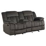Laurelton Chocolate Textured Plush Microfiber Upholstery Double Glider Reclining Love Seat - Ella Furniture