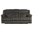 Laurelton Chocolate Solid Wood, Plywood Textured Plush Microfiber Upholstery Double Reclining Sofa - Ella Furniture