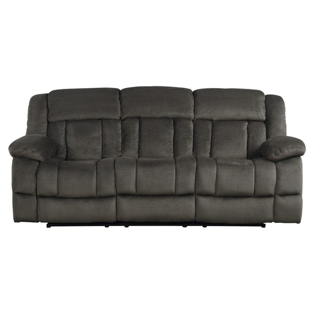 Laurelton Chocolate Solid Wood, Plywood Textured Plush Microfiber Upholstery Double Reclining Sofa - Ella Furniture