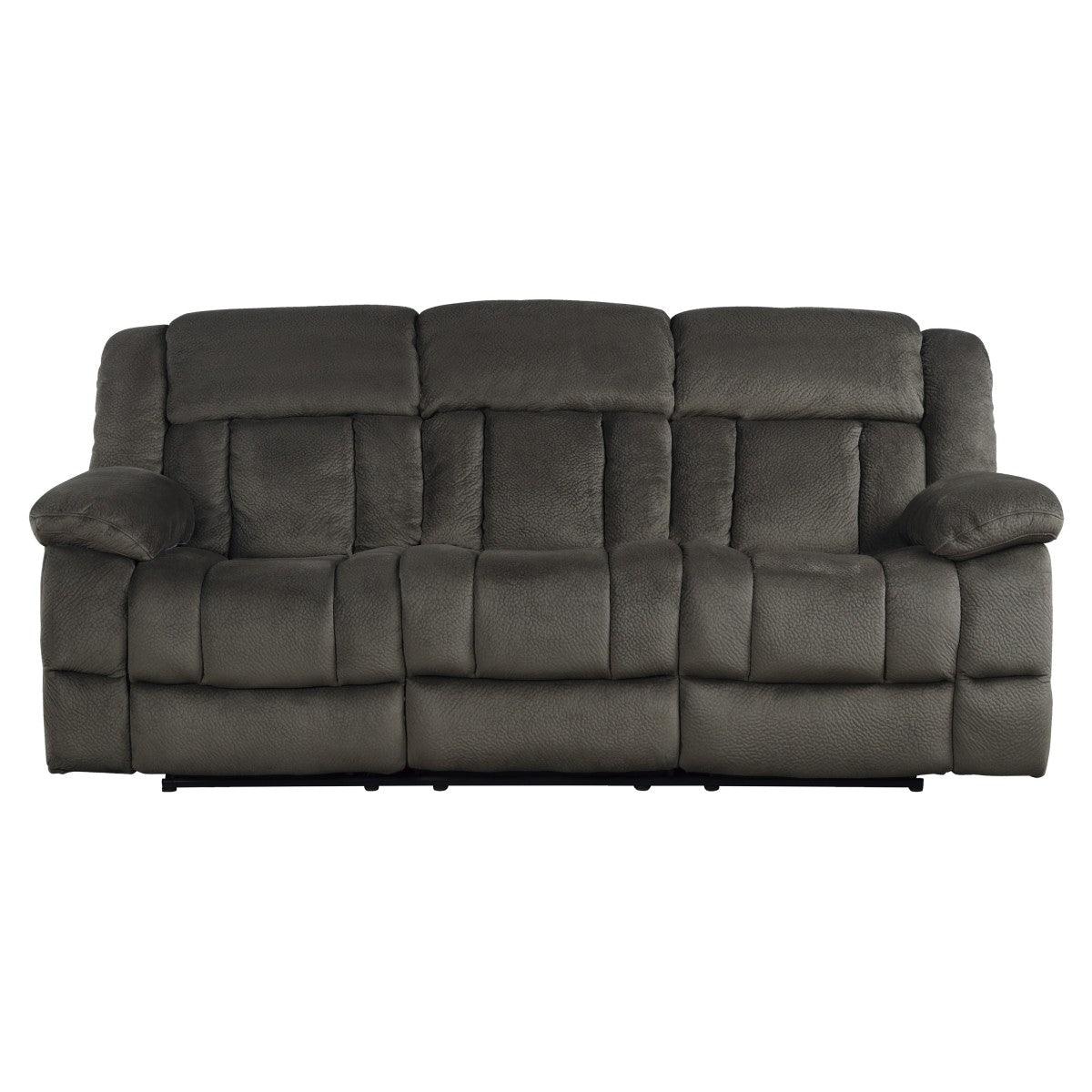 Laurelton Chocolate Solid Wood, Plywood Textured Plush Microfiber Upholstery Double Reclining Sofa - Ella Furniture