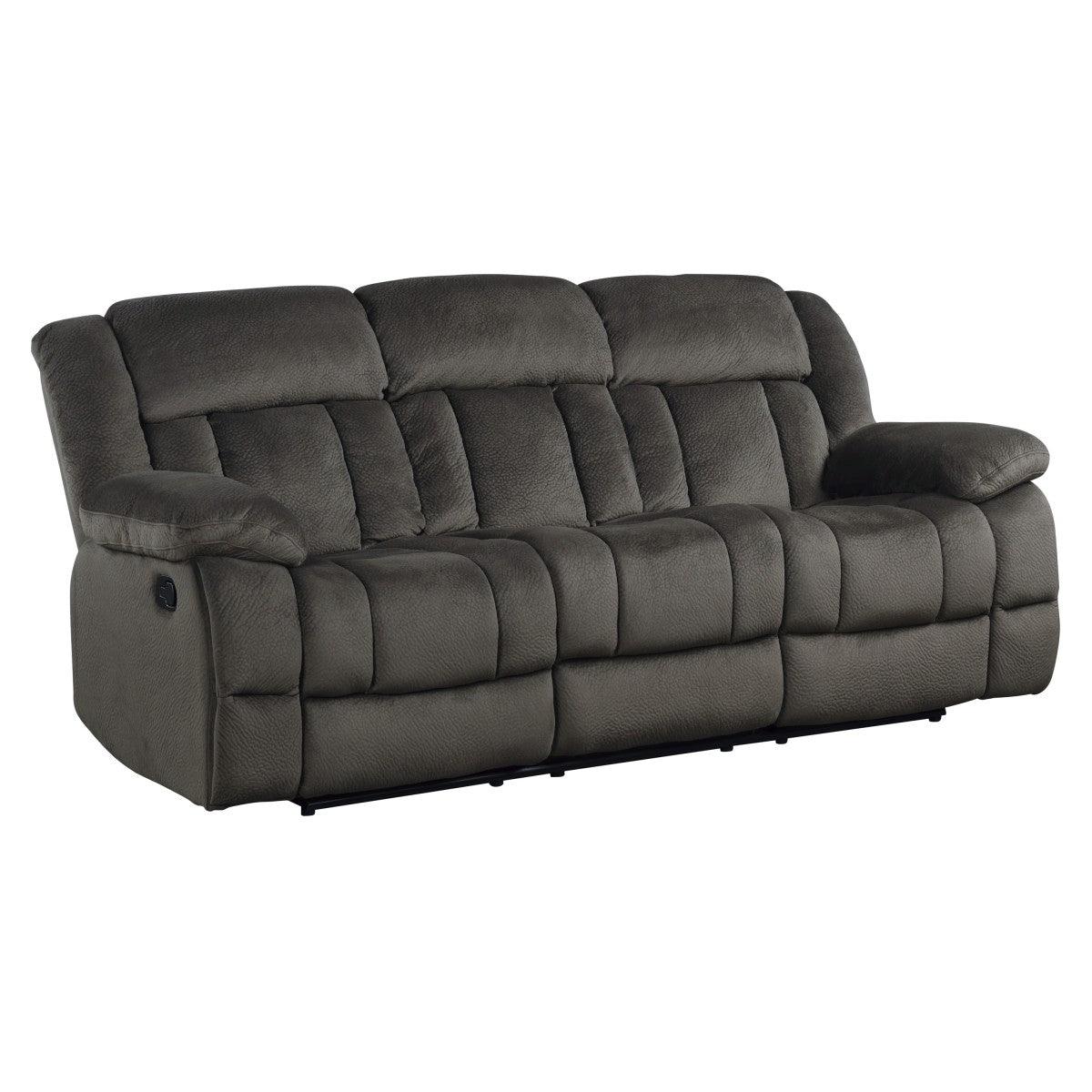 Laurelton Chocolate Solid Wood, Plywood Textured Plush Microfiber Upholstery Double Reclining Sofa - Ella Furniture