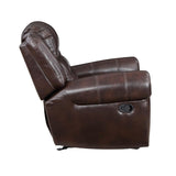 Center Hill Brown Faux Leather Glider Reclining Chair close-up of nailhead trim