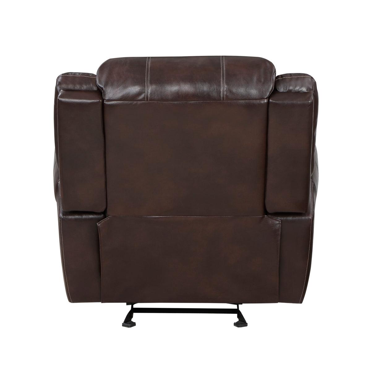 Center Hill Brown Faux Leather Glider Reclining Chair reclined position