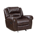 Center Hill Brown Faux Leather Glider Reclining Chair side view showing recline