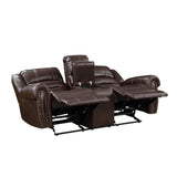 Center Hill Brown Faux Leather Double Glider Reclining Love Seat, reclining position