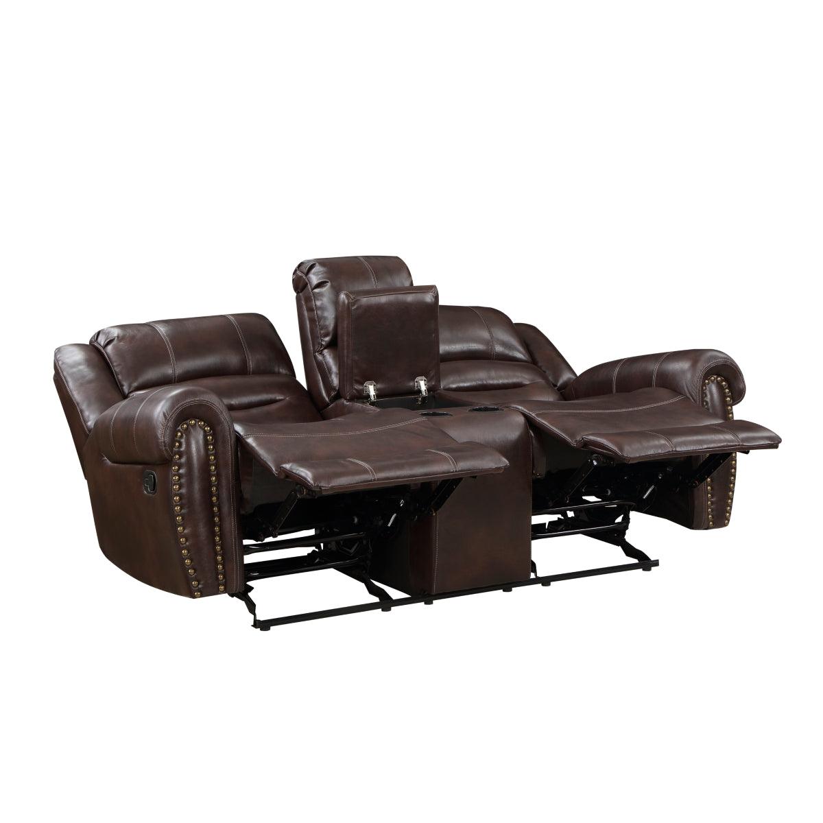 Center Hill Brown Faux Leather Double Glider Reclining Love Seat, reclining position