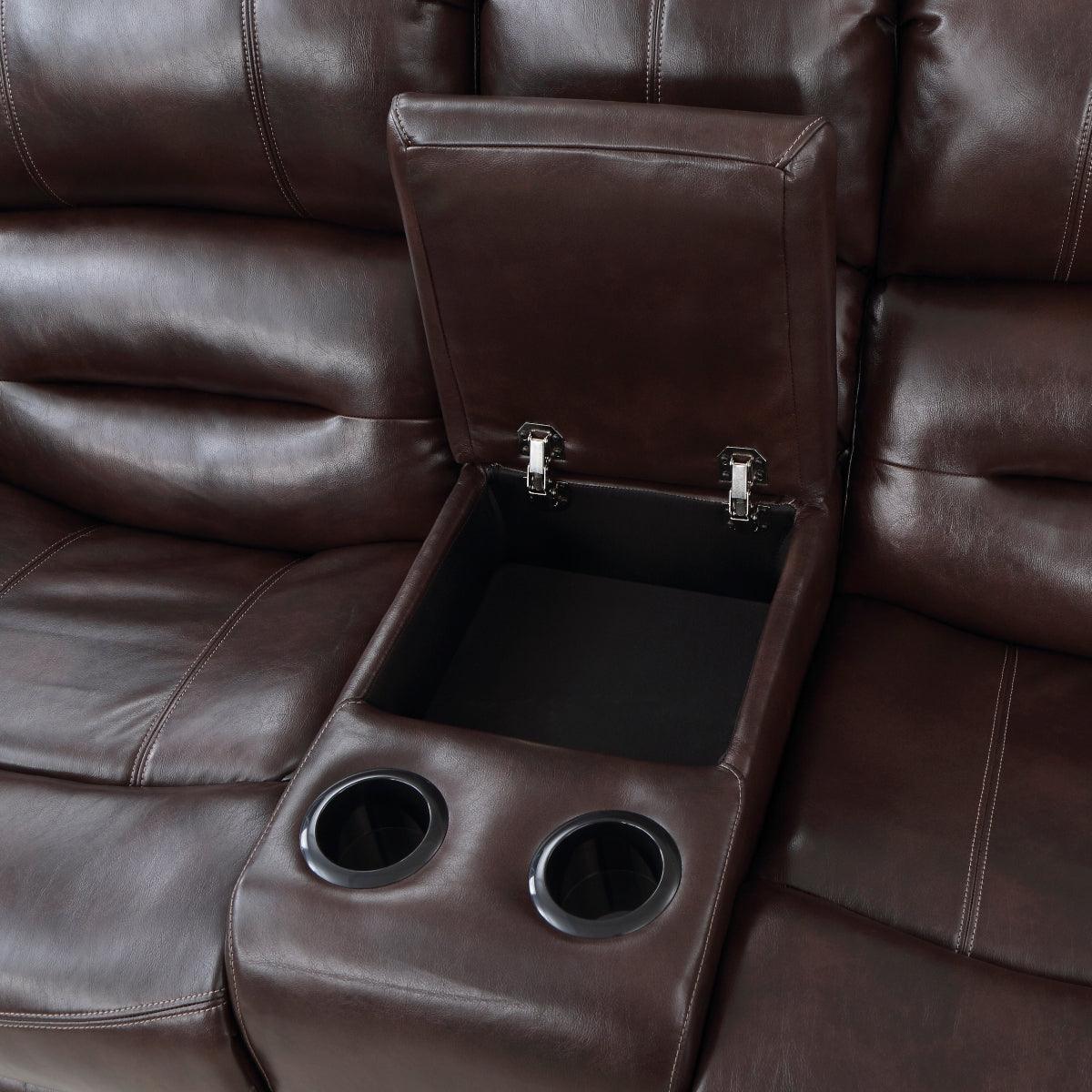 Center Hill Brown Faux Leather Double Glider Reclining Love Seat, nailhead trim close-up