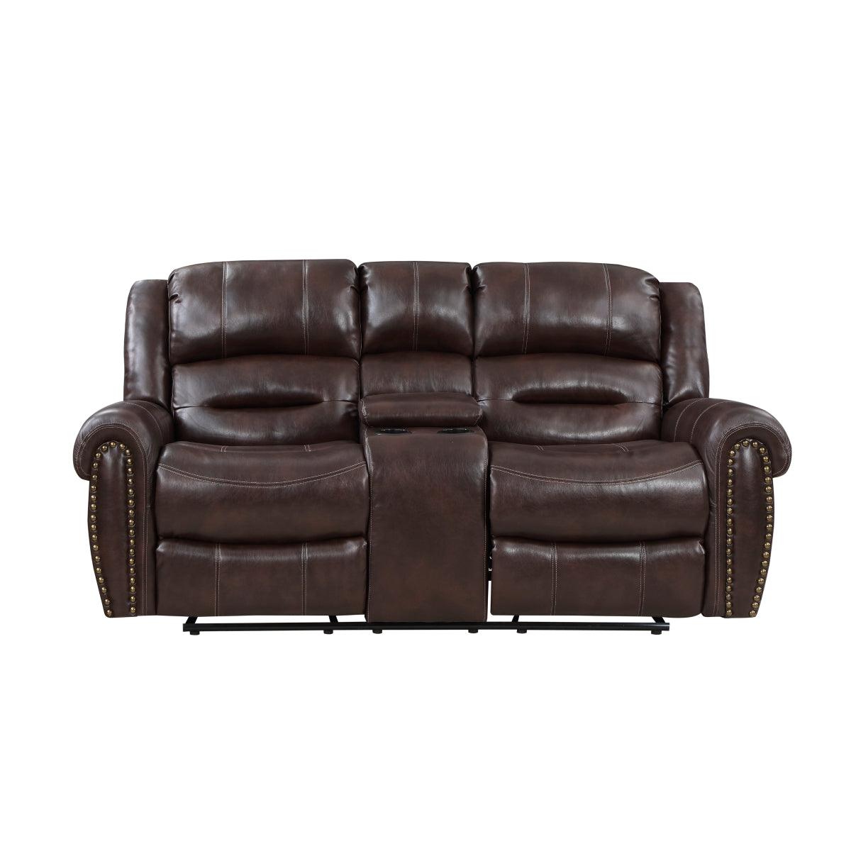 Center Hill Brown Faux Leather Double Glider Reclining Love Seat, front view