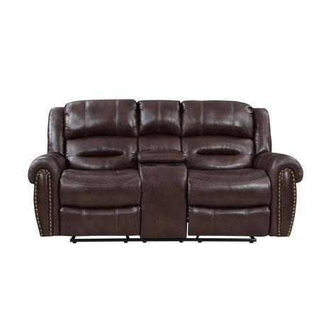 Center Hill Brown Faux Leather Double Glider Reclining Love Seat, front view