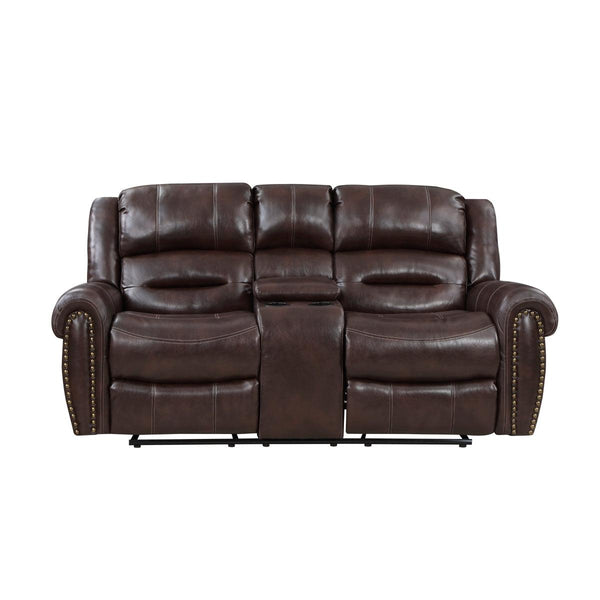 Center Hill Brown Faux Leather Double Glider Reclining Love Seat, front view