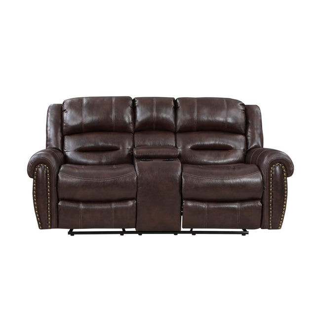 Center Hill Brown Faux Leather Double Glider Reclining Love Seat, front view