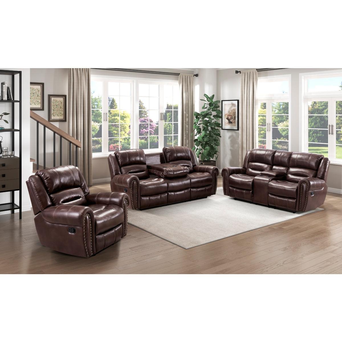 Center Hill Brown Faux Leather Double Glider Reclining Love Seat, back angle
