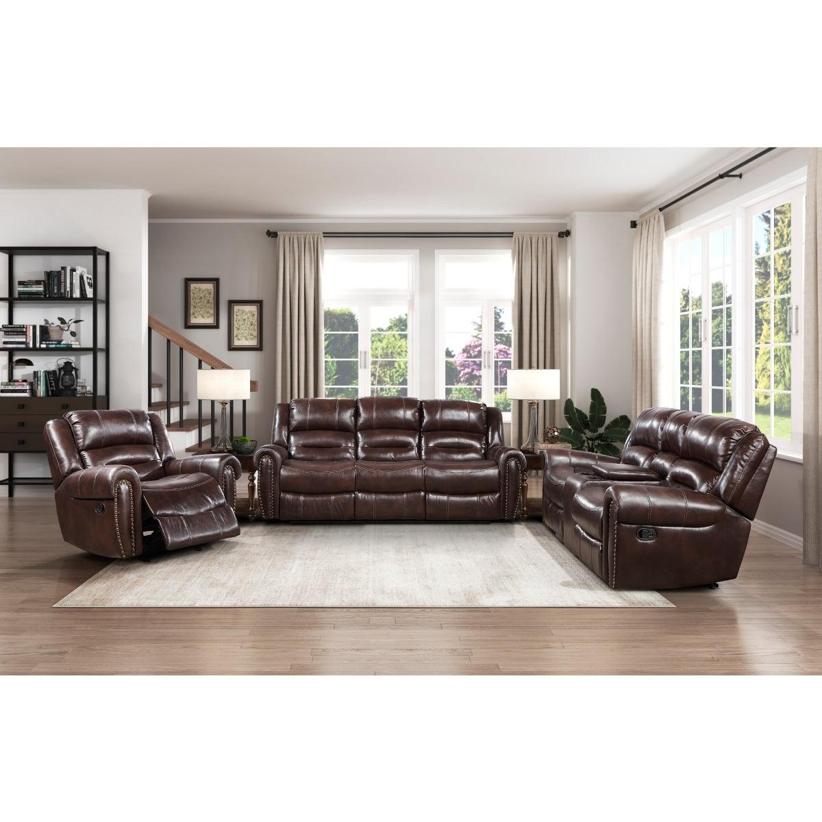 Center Hill Brown Faux Leather Double Glider Reclining Love Seat, cup holders and storage
