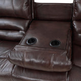 Center Hill Brown Faux Leather Double Reclining Sofa fully reclined position