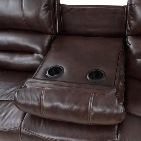 Center Hill Brown Faux Leather Double Reclining Sofa fully reclined position