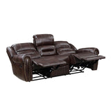 Center Hill Brown Faux Leather Double Reclining Sofa showing drop-down center cup holders