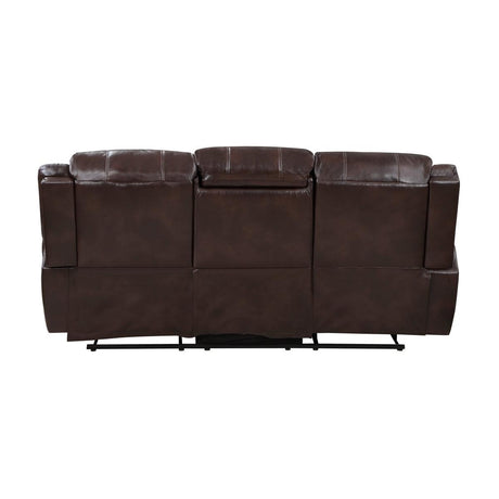 Center Hill Brown Faux Leather Double Reclining Sofa close-up of nailhead trim