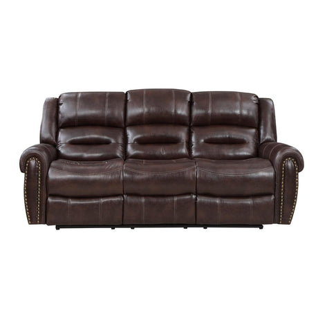 Center Hill Brown Faux Leather Double Reclining Sofa front angle