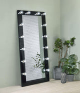 Side angle of Zayan black gloss floor mirror with LED on