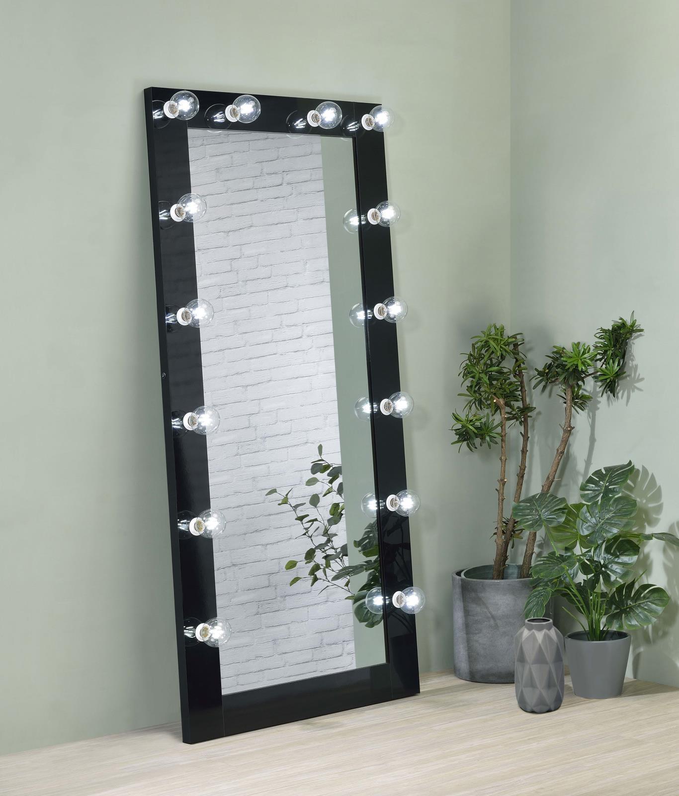 Side angle of Zayan black gloss floor mirror with LED on