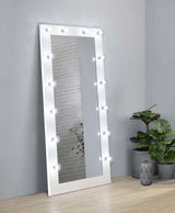 Zayan floor mirror front view with white gloss frame and LED lights on