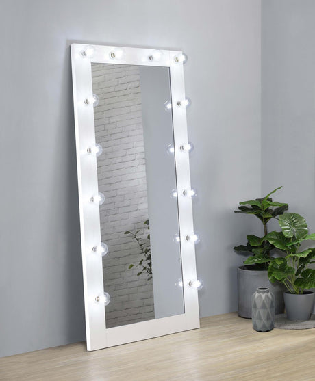 Zayan floor mirror front view with white gloss frame and LED lights on