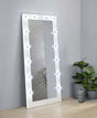 Zayan floor mirror front view with white gloss frame and LED lights on