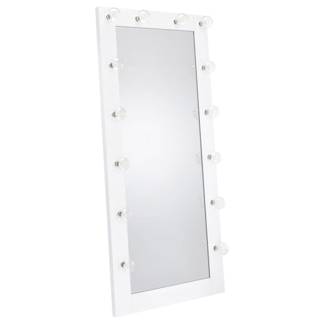 Side angle of Zayan floor mirror showcasing LED lighting and frame depth