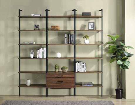 Owens bookshelf set detail showing walnut finish and metal frame