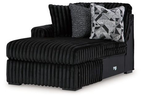 Detail view of sectional sofa upholstery and finish