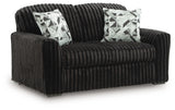 Midnight-Madness Onyx velvet loveseat head-on view