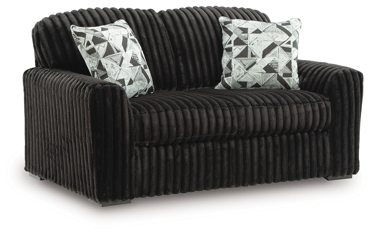Midnight-Madness Onyx velvet loveseat head-on view