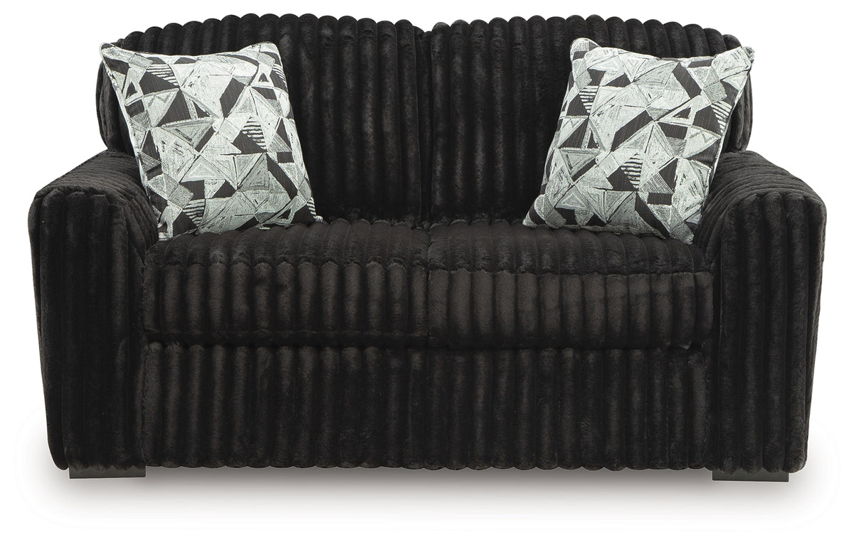 Midnight-Madness Onyx velvet loveseat rear view