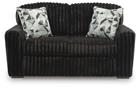Midnight-Madness Onyx velvet loveseat rear view