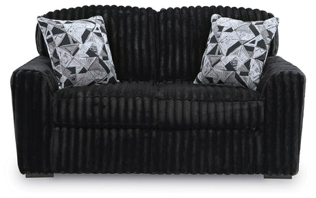 Detail close-up of Midnight-Madness Onyx Sofa and Loveseat fabric and finish