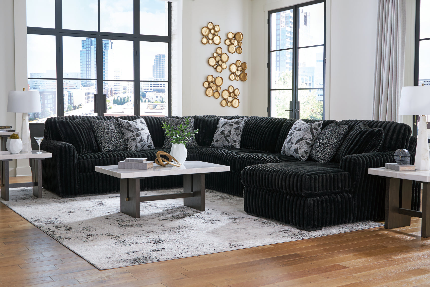 side view of Midnight-Madness Onyx Velvet 4-Piece Sectional Sofa with Chaise