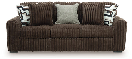 close detail of stitching on Midnight Madness Chocolate Sofa and Loveseat