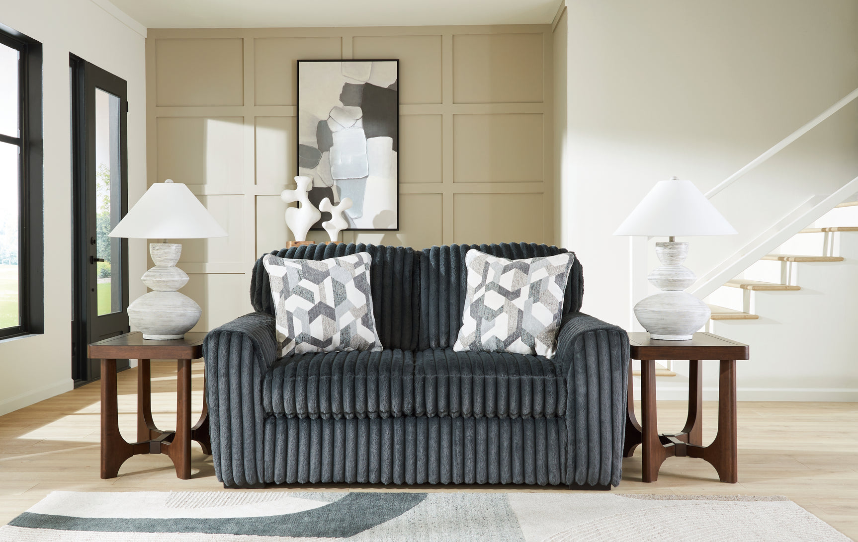 Side profile of Midnight Madness Gunmetal Loveseat