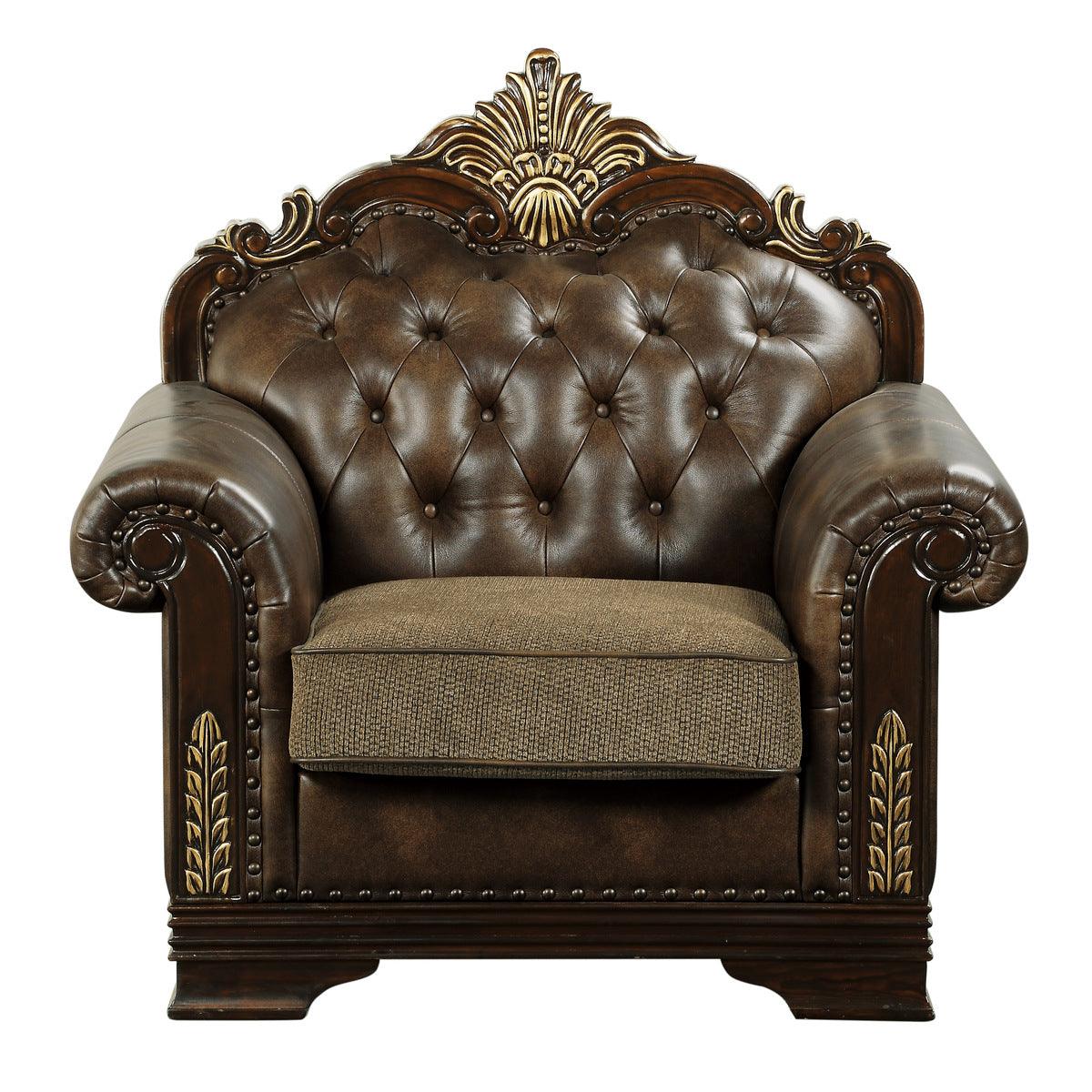 Croydon tufted brown faux leather and chenille fabric upholstered chair front view