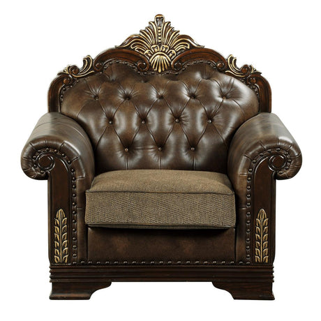 Croydon tufted brown faux leather and chenille fabric upholstered chair front view