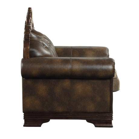 Alternate side view of Croydon Brown Faux Leather and Chenille Fabric Tufted Love Seat