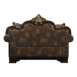 Back view of Croydon Brown Faux Leather and Chenille Fabric Tufted Love Seat showing button tufting