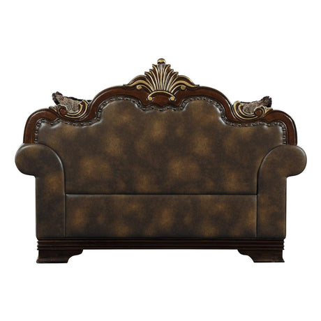 Back view of Croydon Brown Faux Leather and Chenille Fabric Tufted Love Seat showing button tufting