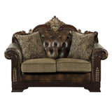 Croydon Brown Faux Leather and Chenille Fabric Tufted Love Seat front view