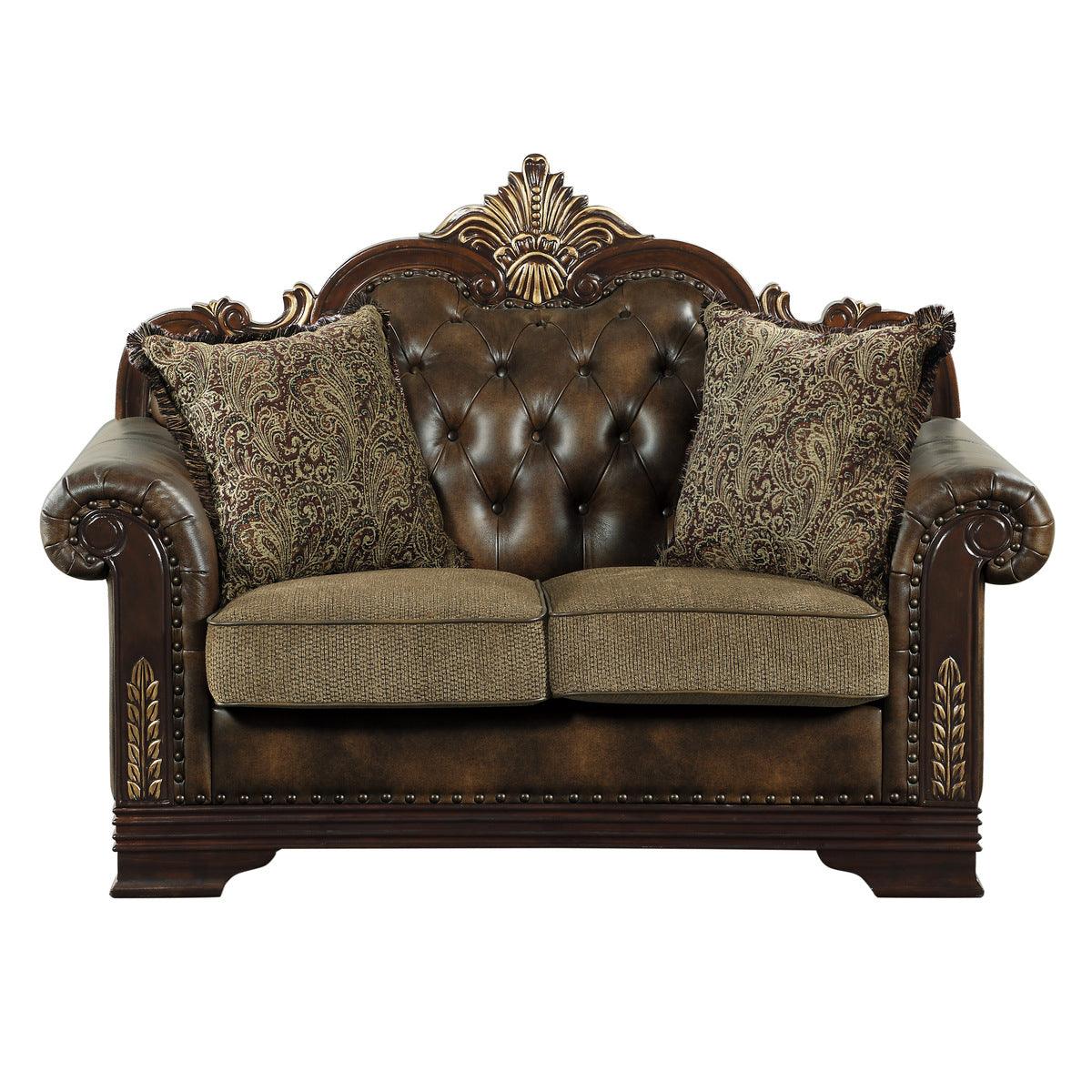 Croydon Brown Faux Leather and Chenille Fabric Tufted Love Seat front view