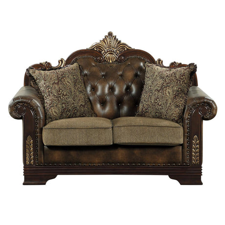 Croydon Brown Faux Leather and Chenille Fabric Tufted Love Seat front view