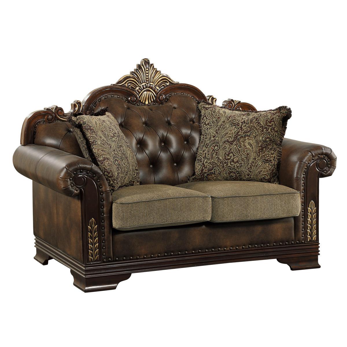Side view of Croydon Brown Faux Leather and Chenille Fabric Tufted Love Seat